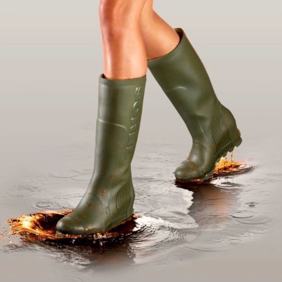 Sorel Shoes - Sorel Joan Wedge Heel Rain Boots Army Green tall knee high wellies boot